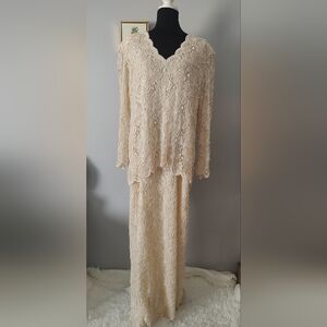 Laurence Kazar Cream Long Sleeve Lace Dress